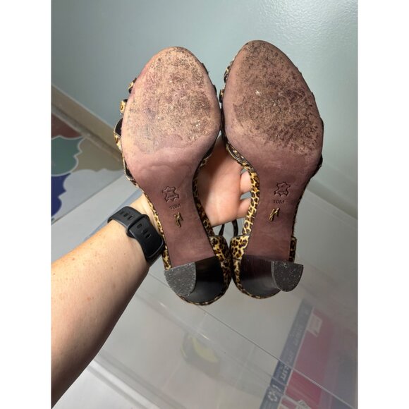 J Vincent Leopard Heeled Sandals Size 10.5 Leather Buckle Strap Peep Toe Party - Picture 11 of 12